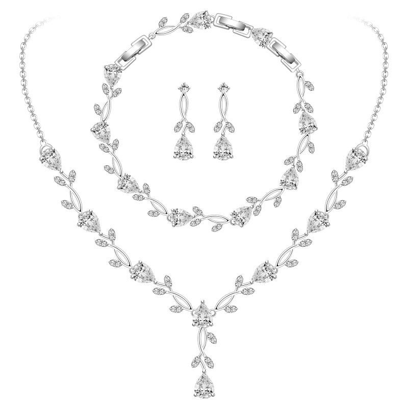 GZWHD Bridal Jewelry Sets for Wedding Bridesmaid Accessories Necklace Bracelet Earrings Set for Bride Silver Jewelry Set for Women Party Prom - Image 1