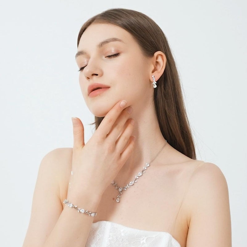 GZWHD Bridal Jewelry Sets for Wedding Bridesmaid Accessories Necklace Bracelet Earrings Set for Bride Silver Jewelry Set for Women Party Prom - Image 3