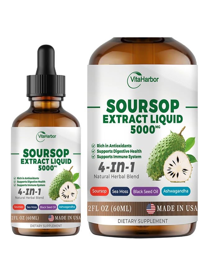 VitaHarbor 4-in-1 Soursop Bitters Liquid, Soursop Oil with Sea Moss & Black Seed Oil & Ashwagandha, for Immune & Digestive & Cell Support, Sugar-Free | Non-GMO | Vegan (2 Fl oz) Slightly Sweet Flavor  - Image 1