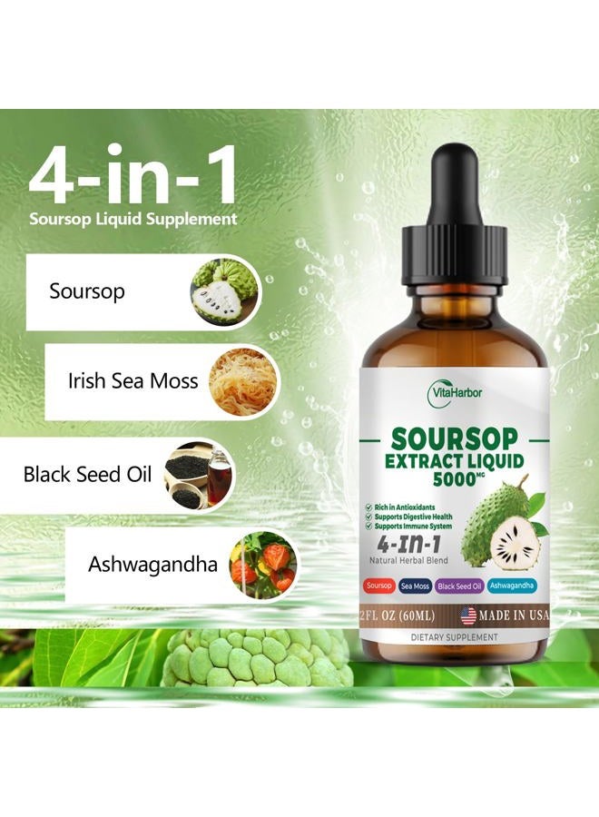 VitaHarbor 4-in-1 Soursop Bitters Liquid, Soursop Oil with Sea Moss & Black Seed Oil & Ashwagandha, for Immune & Digestive & Cell Support, Sugar-Free | Non-GMO | Vegan (2 Fl oz) Slightly Sweet Flavor  - Image 4