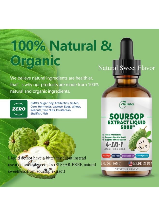 VitaHarbor 4-in-1 Soursop Bitters Liquid, Soursop Oil with Sea Moss & Black Seed Oil & Ashwagandha, for Immune & Digestive & Cell Support, Sugar-Free | Non-GMO | Vegan (2 Fl oz) Slightly Sweet Flavor  - Image 3