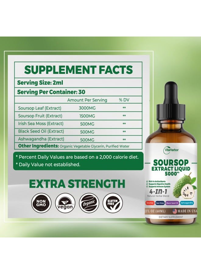 VitaHarbor 4-in-1 Soursop Bitters Liquid, Soursop Oil with Sea Moss & Black Seed Oil & Ashwagandha, for Immune & Digestive & Cell Support, Sugar-Free | Non-GMO | Vegan (2 Fl oz) Slightly Sweet Flavor  - Image 5