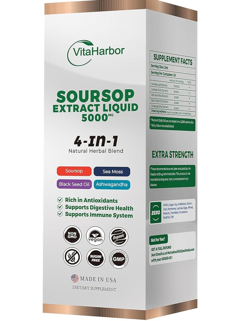 VitaHarbor سائل مرارة السورسيوب 4 في 1، زيت السورسيوب مع الطحالب البحرية وزيت الحبة السوداء وأشواغاندا، لدعم المناعة والهضم والخلايا، خالي من السكر | غير معدّل وراثيًا | نباتي (2 أونصة سائلة) نكهة حلوة قليلاً - Image 4