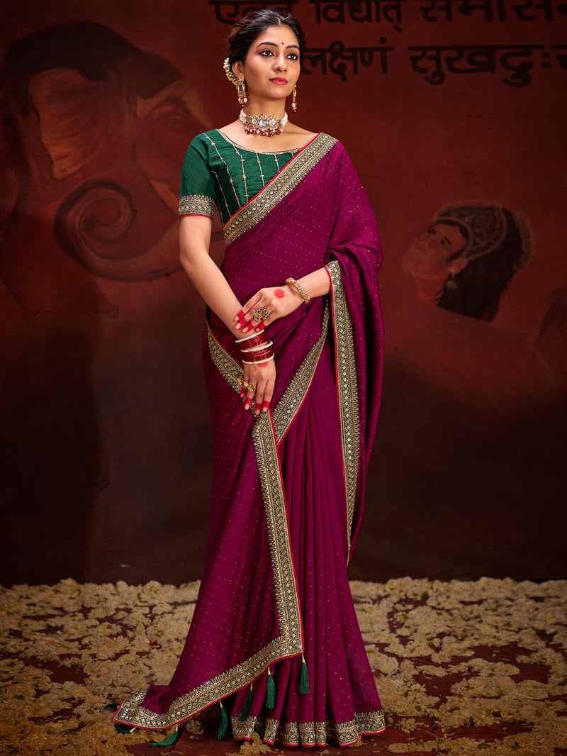 SAREE MALL Women's Magenta Vichitra Silk Embroidered Saree with Unstitched Blouse Piece(AYUSHI4007_SUM) - Image 2
