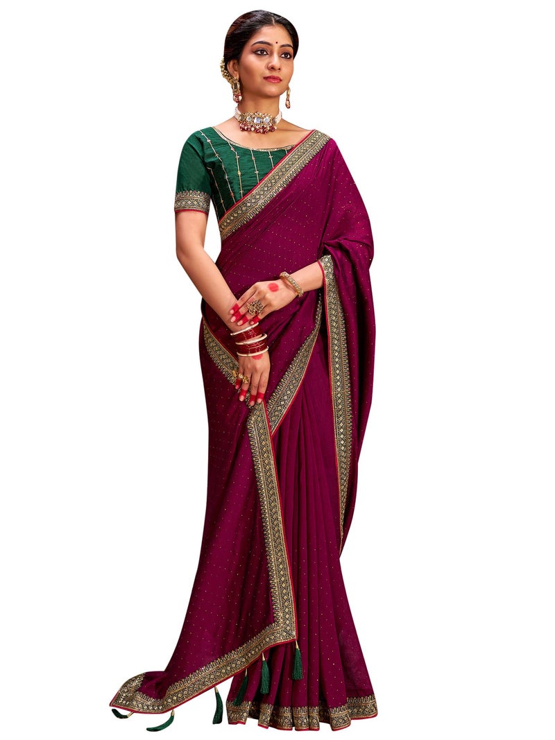 SAREE MALL Women's Magenta Vichitra Silk Embroidered Saree with Unstitched Blouse Piece(AYUSHI4007_SUM) - Image 1