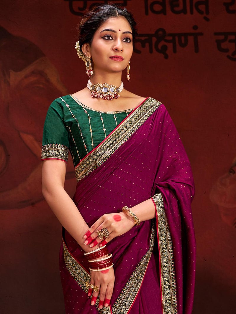 SAREE MALL Women's Magenta Vichitra Silk Embroidered Saree with Unstitched Blouse Piece(AYUSHI4007_SUM) - Image 4