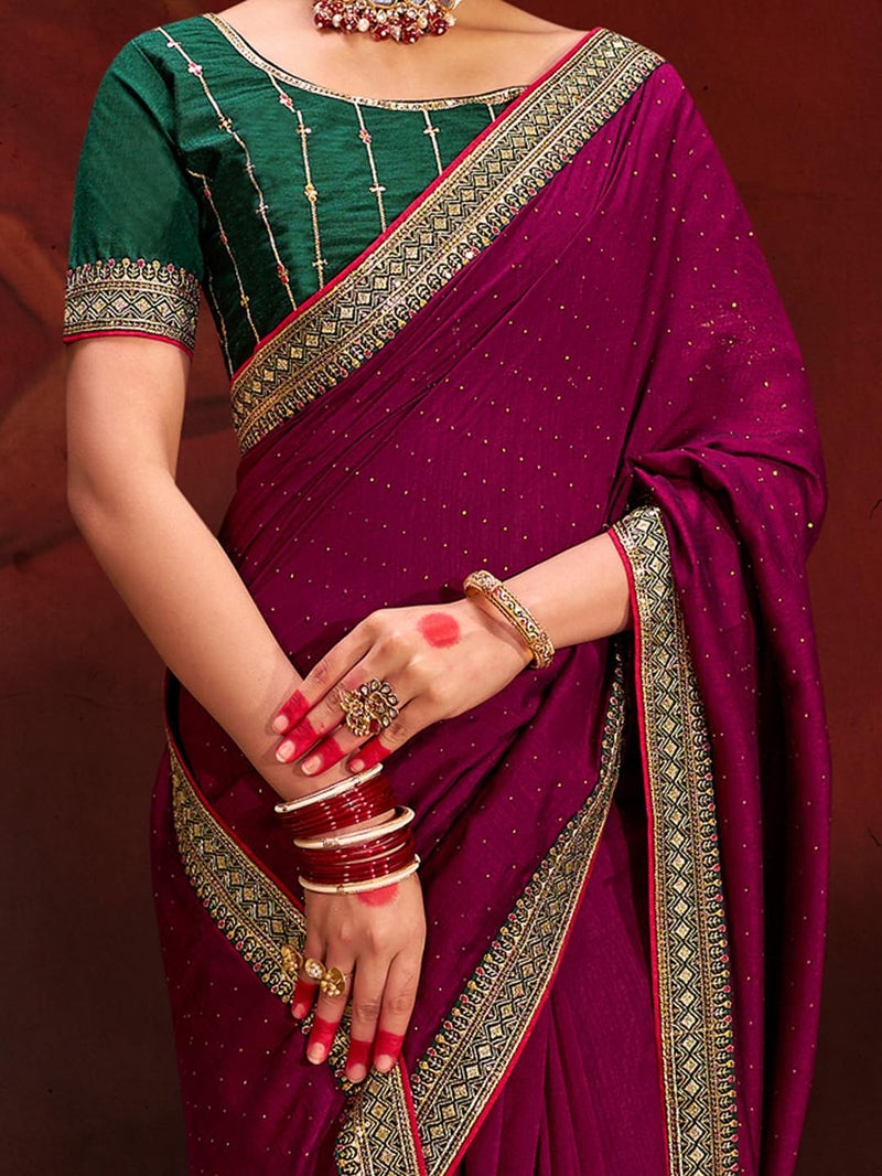SAREE MALL Women's Magenta Vichitra Silk Embroidered Saree with Unstitched Blouse Piece(AYUSHI4007_SUM) - Image 5