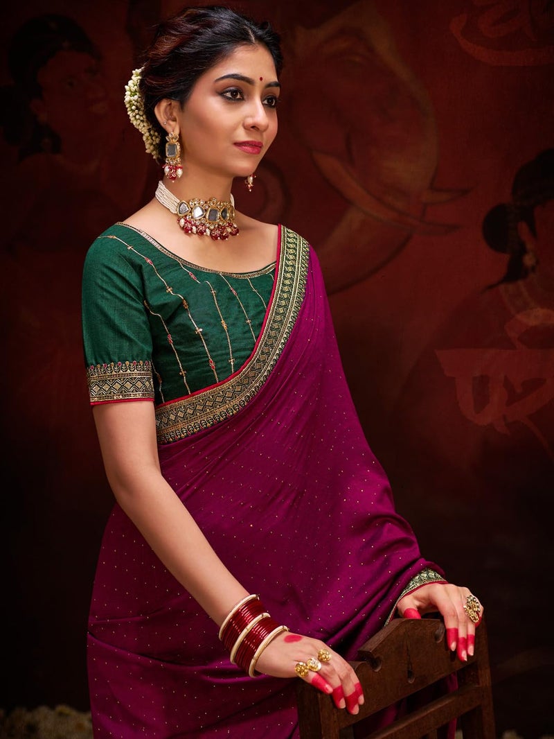 SAREE MALL Women's Magenta Vichitra Silk Embroidered Saree with Unstitched Blouse Piece(AYUSHI4007_SUM) - Image 3