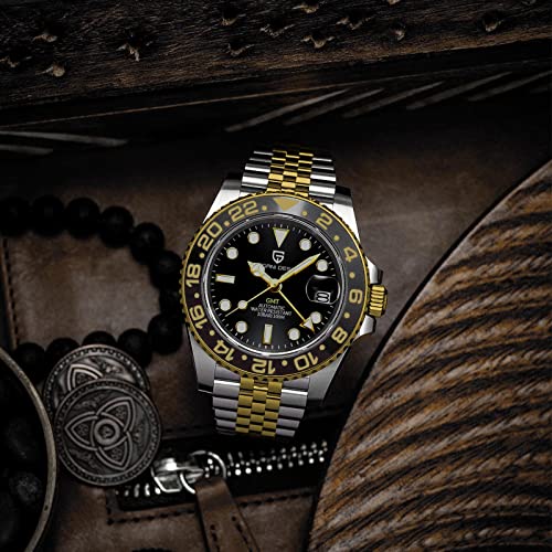 PAGRNE DESIGN ساعة رجال باجاني ديزاين GMT للرجال أوتوماتيكية 40MM تاريخ 100M مقاومة للماء من الفولاذ المقاوم للصدأ زجاج ياقوتي ميكانيكية ساعة معصم PD-1662 (5 غرف ذهبية) - Image 4