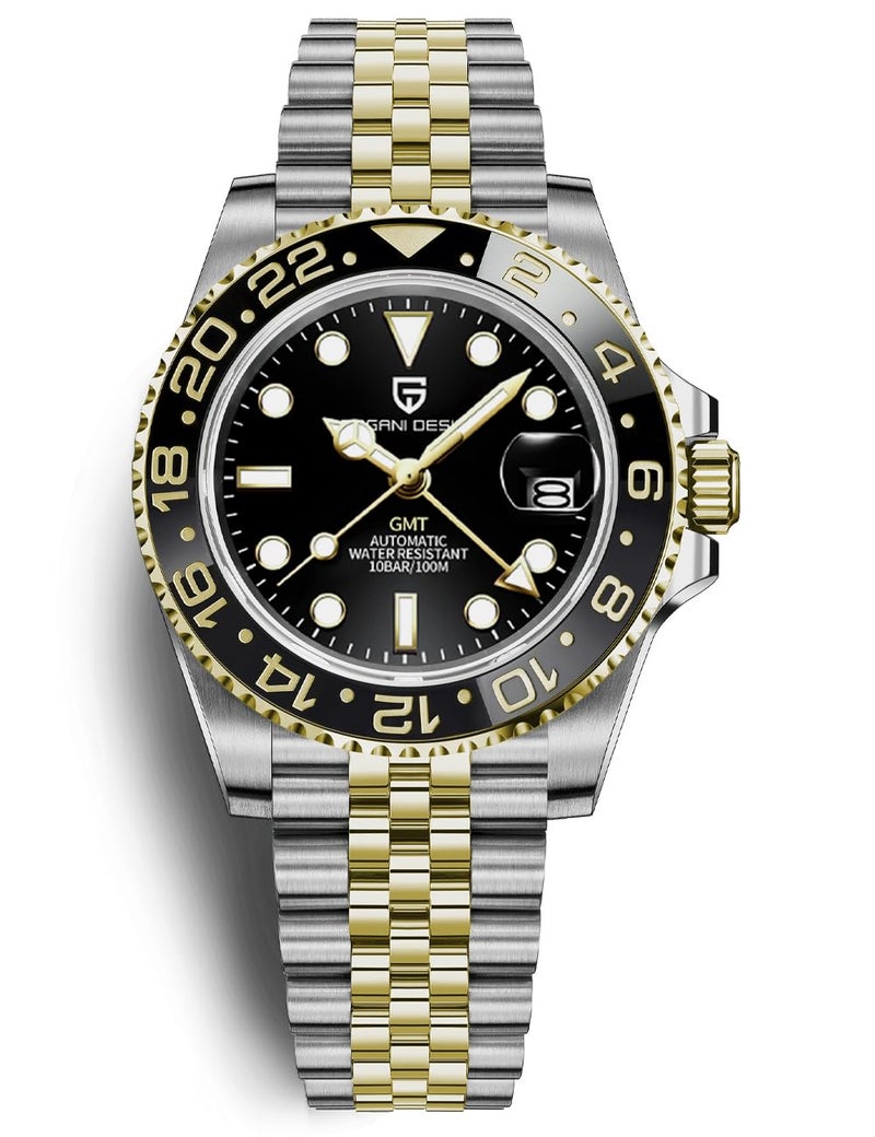 PAGRNE DESIGN ساعة رجال باجاني ديزاين GMT للرجال أوتوماتيكية 40MM تاريخ 100M مقاومة للماء من الفولاذ المقاوم للصدأ زجاج ياقوتي ميكانيكية ساعة معصم PD-1662 (5 غرف ذهبية) - Image 1