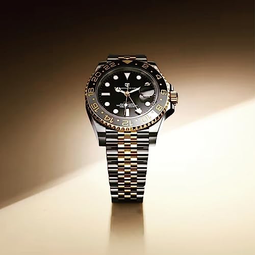 PAGRNE DESIGN ساعة رجال باجاني ديزاين GMT للرجال أوتوماتيكية 40MM تاريخ 100M مقاومة للماء من الفولاذ المقاوم للصدأ زجاج ياقوتي ميكانيكية ساعة معصم PD-1662 (5 غرف ذهبية) - Image 3