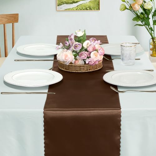 Eychei Set of 5 Chocolate Brown Satin Table Runners, 12" x 108" Long Bright & Smooth Table Runner with Scalloped Edges, Satin Table Cloth Table Runner Decor for Wedding, Party, Banquet - Image 2
