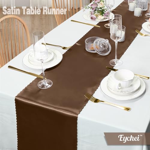 Eychei Set of 5 Chocolate Brown Satin Table Runners, 12" x 108" Long Bright & Smooth Table Runner with Scalloped Edges, Satin Table Cloth Table Runner Decor for Wedding, Party, Banquet - Image 3