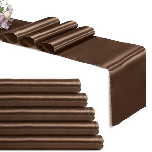 Eychei Set of 5 Chocolate Brown Satin Table Runners, 12" x 108" Long Bright & Smooth Table Runner with Scalloped Edges, Satin Table Cloth Table Runner Decor for Wedding, Party, Banquet - Image 1