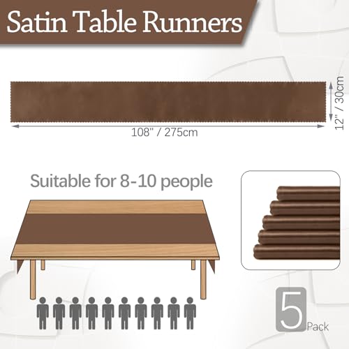 Eychei Set of 5 Chocolate Brown Satin Table Runners, 12" x 108" Long Bright & Smooth Table Runner with Scalloped Edges, Satin Table Cloth Table Runner Decor for Wedding, Party, Banquet - Image 4