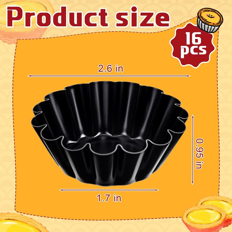 LemonRoad 16 Pcs Egg Tart Molds, Non-stick Carbon Steel Tart Pans, Mini Pie Moulds, Muffin Cupcake Pudding Baking Cup Maker - for Pies, Chinese Egg Tarts, Cakes (2.6 Inch) - Image 2