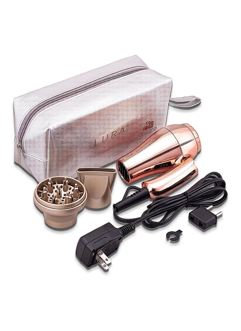 LURA Mini Portable Travel Hair Dryer:Dual Voltage Small Lightweight Blow Dryer with EU Plug,1200W Compact Hairdryer with Folding Handle,with Concentrator&Diffuser Attachment,for Women and Men  - Image 1