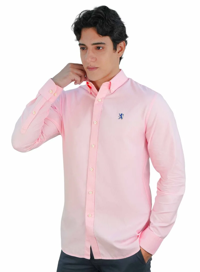 GIORDANO Men's Cotton Oxford Shirt - Small Lion Embroidery, Slim Fit, Full Button