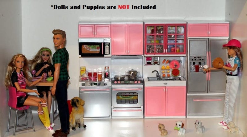 PowerTRC Doll Kitchen Play Set, Mini Modern Toy Pink Kitchen Pretend Play Furnitures Toy Set Accessories Set with Realistic Light & Sound for Kids Toddlers Girls (4-in-1) - Image 2
