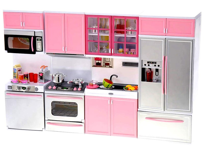 PowerTRC Doll Kitchen Play Set, Mini Modern Toy Pink Kitchen Pretend Play Furnitures Toy Set Accessories Set with Realistic Light & Sound for Kids Toddlers Girls (4-in-1) - Image 1