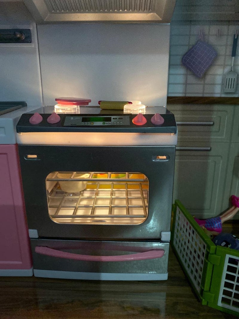 PowerTRC Doll Kitchen Play Set, Mini Modern Toy Pink Kitchen Pretend Play Furnitures Toy Set Accessories Set with Realistic Light & Sound for Kids Toddlers Girls (4-in-1) - Image 5