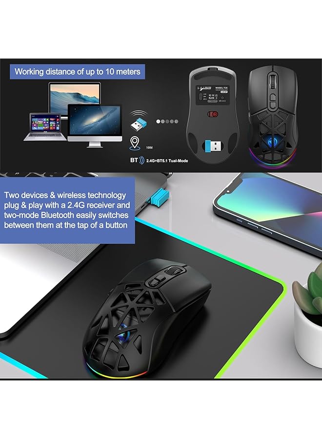 LAXDAMRE Wireless Gaming Mouse Bt5.1 + 2.4G Dual Mode & 7 Button Gaming Mouse & Usb Receiver ماوس قيمنق لاسلكي Up To 4800 Dpi Rechargeable Mouse With Rgb Backlight For Mac Laptop Computer Pc  - Image 2