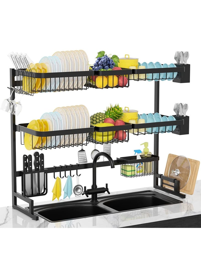 DubaiGallery رف أطباق مطبخ قابل للتمدد بطول 3 طبقات من الفولاذ المقاوم للصدأ من Organized Home، رف تجفيف الأطباق فوق الحوض، رف أطباق كبير قابل للتعديل، منظم للمطبخ، يوفر المساحة (أسود) - Image 1