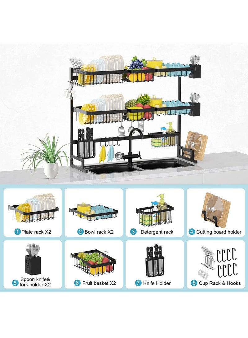 DubaiGallery رف أطباق مطبخ قابل للتمدد بطول 3 طبقات من الفولاذ المقاوم للصدأ من Organized Home، رف تجفيف الأطباق فوق الحوض، رف أطباق كبير قابل للتعديل، منظم للمطبخ، يوفر المساحة (أسود) - Image 3