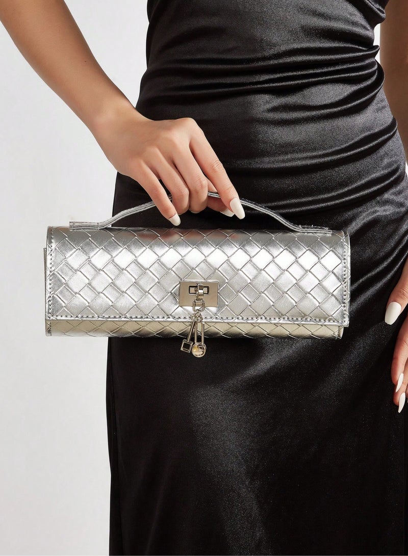 Women's Silver Evening Bag with Quilted Design and Metal Chain Strap - Image 1