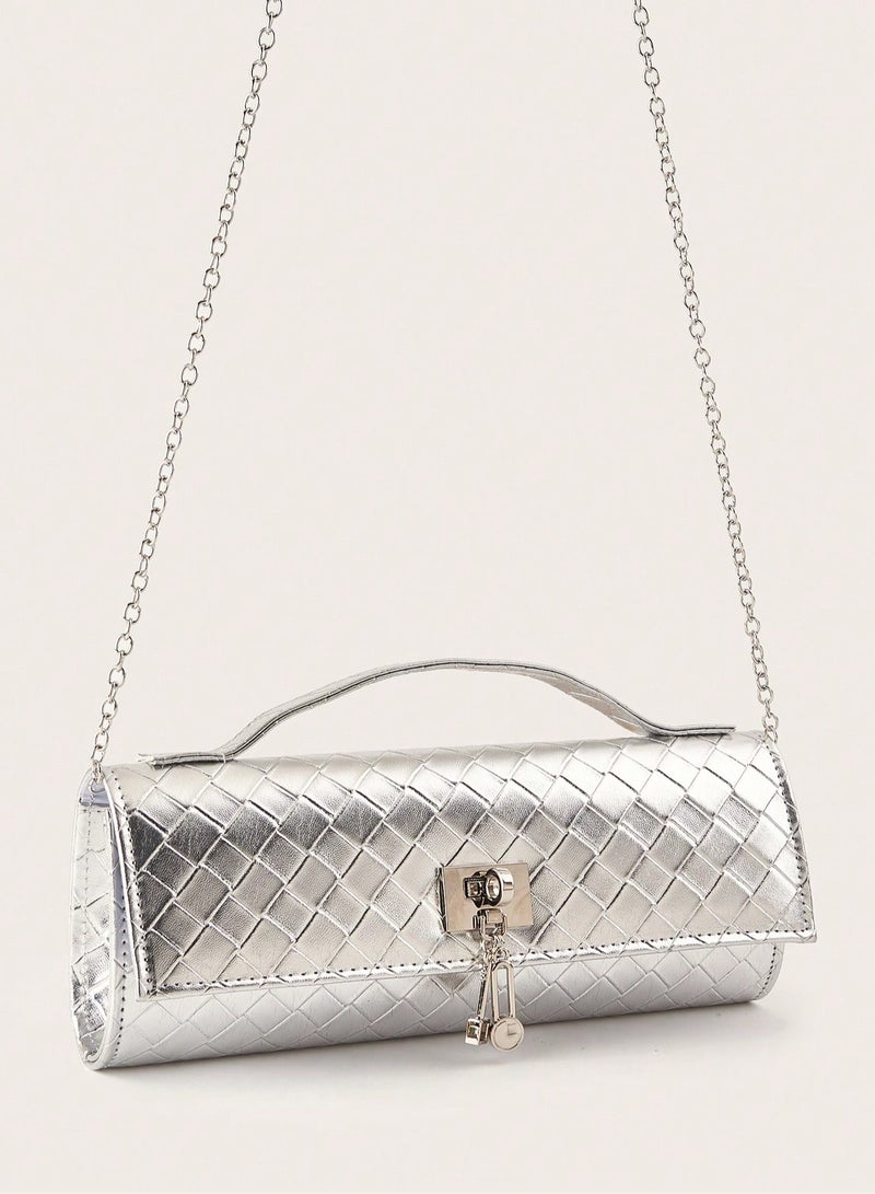 Women's Silver Evening Bag with Quilted Design and Metal Chain Strap - Image 3