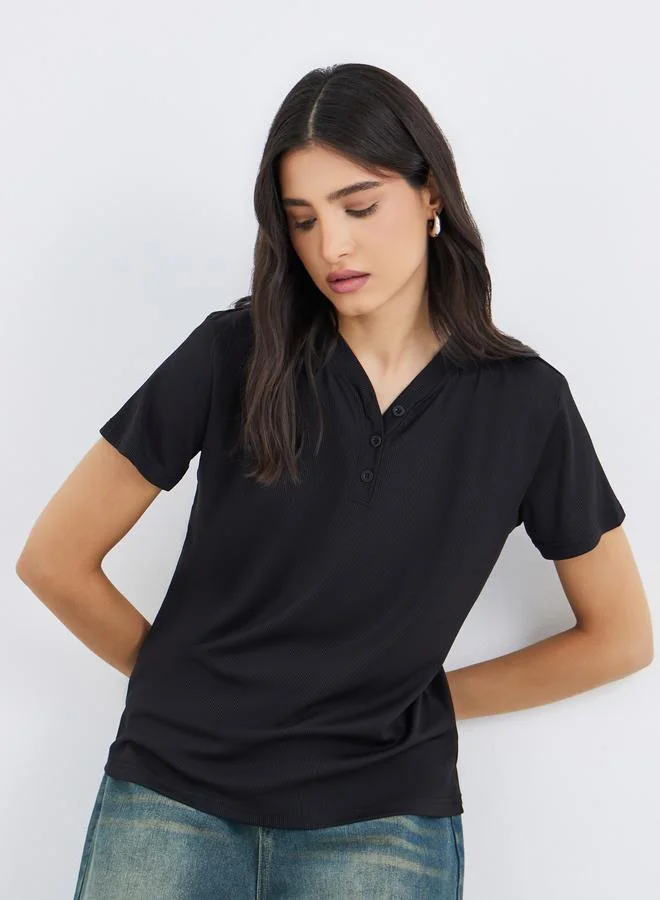 Take Two Take Two Ribbed V Neck Regular Fit T-Shirt