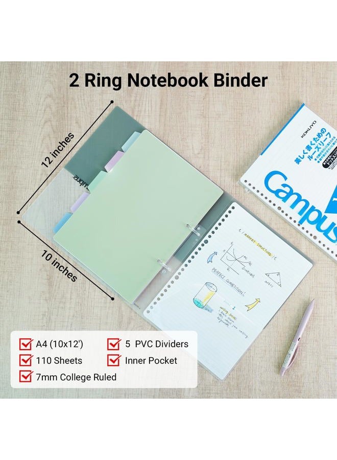 Kokuyo 5 Subject Spiral Notebook, Campus 2-Ring B5 Refillable Journal with 5 Tab Dividers, 100 Sheets in 6mm Dotted Ruled Loose Leaf Paper, Grey, Japan Import (RU-PP358M & NO-S836BT) - Image 2