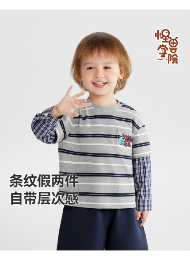 Spring Collection Debut Campus Style] Baby Casual T-shirt Long Sleeve Spring Boys' Fake Two-piece Top Striped Children's - Image 1