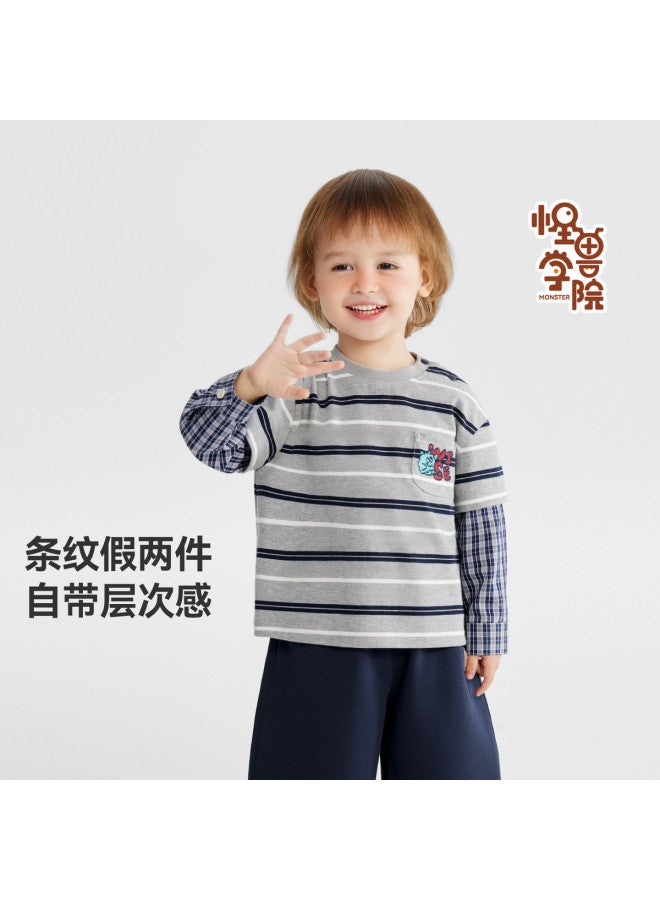 Spring Collection Debut Campus Style] Baby Casual T-shirt Long Sleeve Spring Boys' Fake Two-piece Top Striped Children's - Image 2