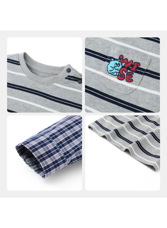 Spring Collection Debut Campus Style] Baby Casual T-shirt Long Sleeve Spring Boys' Fake Two-piece Top Striped Children's - Image 5