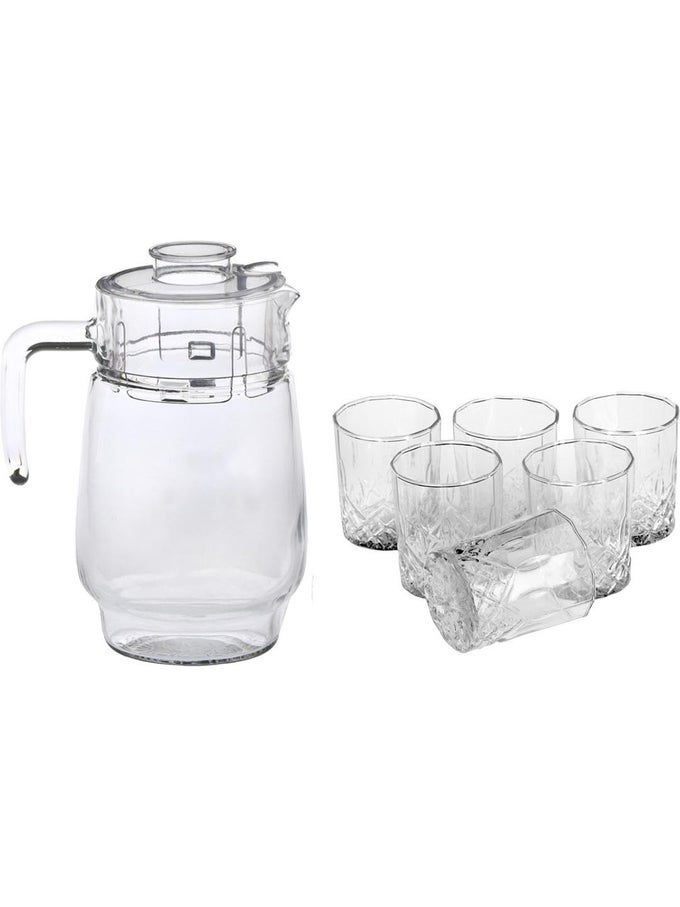 1 JUG 6 GLASSES SET GREAT FOR SERVING WATER OR JUICE TRANSPARENT JUG CAPACITY 1750 ML GLASS CAPACITY 200 ML