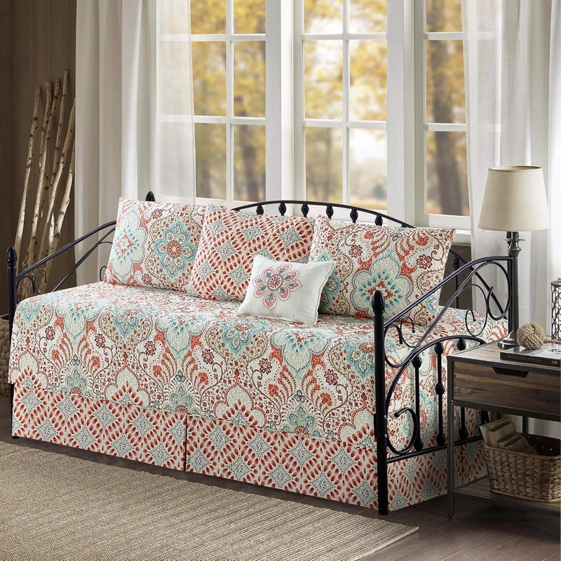 BYTIDE 6 Piece Reversible Microfiber Damask Printed Daybed Cover Set, All Season Luxury Bedding with Bedskirt, Matching Shams, Decorative Pillow, 75"x39", Coral Blue - Image 1
