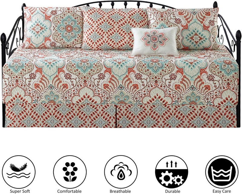 BYTIDE 6 Piece Reversible Microfiber Damask Printed Daybed Cover Set, All Season Luxury Bedding with Bedskirt, Matching Shams, Decorative Pillow, 75"x39", Coral Blue - Image 5