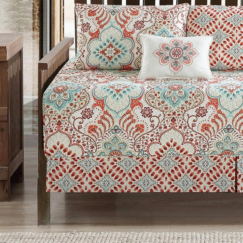 BYTIDE 6 Piece Reversible Microfiber Damask Printed Daybed Cover Set, All Season Luxury Bedding with Bedskirt, Matching Shams, Decorative Pillow, 75"x39", Coral Blue - Image 3