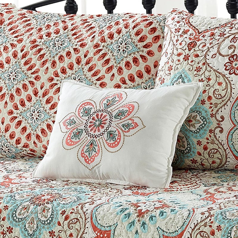 BYTIDE 6 Piece Reversible Microfiber Damask Printed Daybed Cover Set, All Season Luxury Bedding with Bedskirt, Matching Shams, Decorative Pillow, 75"x39", Coral Blue - Image 4