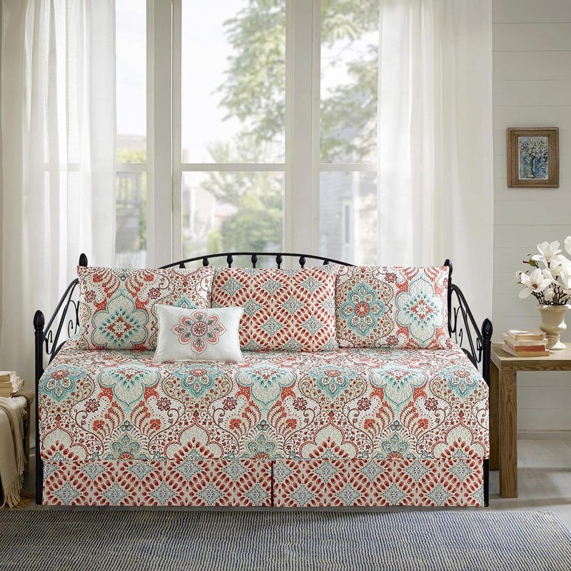 BYTIDE 6 Piece Reversible Microfiber Damask Printed Daybed Cover Set, All Season Luxury Bedding with Bedskirt, Matching Shams, Decorative Pillow, 75"x39", Coral Blue - Image 2