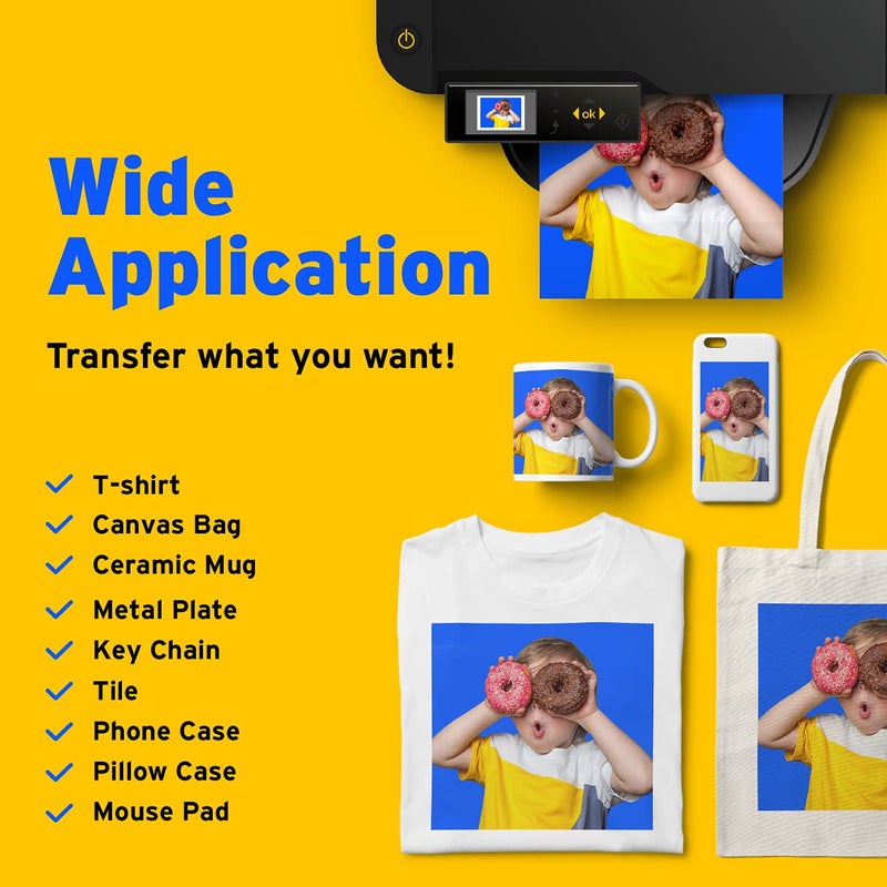 Printers Jack ورق الطباعة من برينترز جاك - ورق نقل الحرارة 100 ورقة 8.3" × 11.7" لأي طابعة نفاثة من إبسون أو HP أو كانون أو سواغراس مع حبر السوبليماشن لتصميم تي شيرتات وأكواب DIY - Image 3