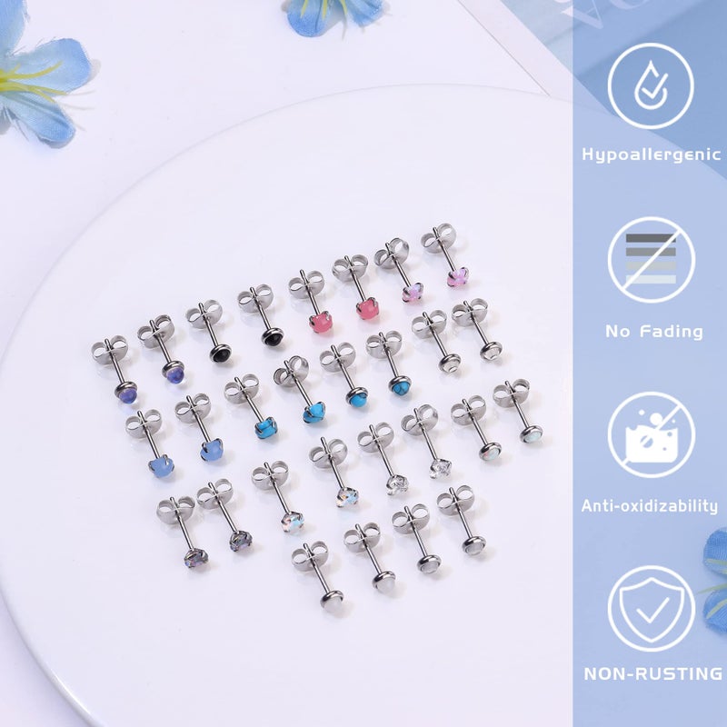SAILIMUE 14 Pairs Hypoallergenic Surgical Steel Stud Earrings for Women Men Tiny CZ Opal Moonstone Turquoise Earrings Studs Set Piercing Jewelry - Image 3