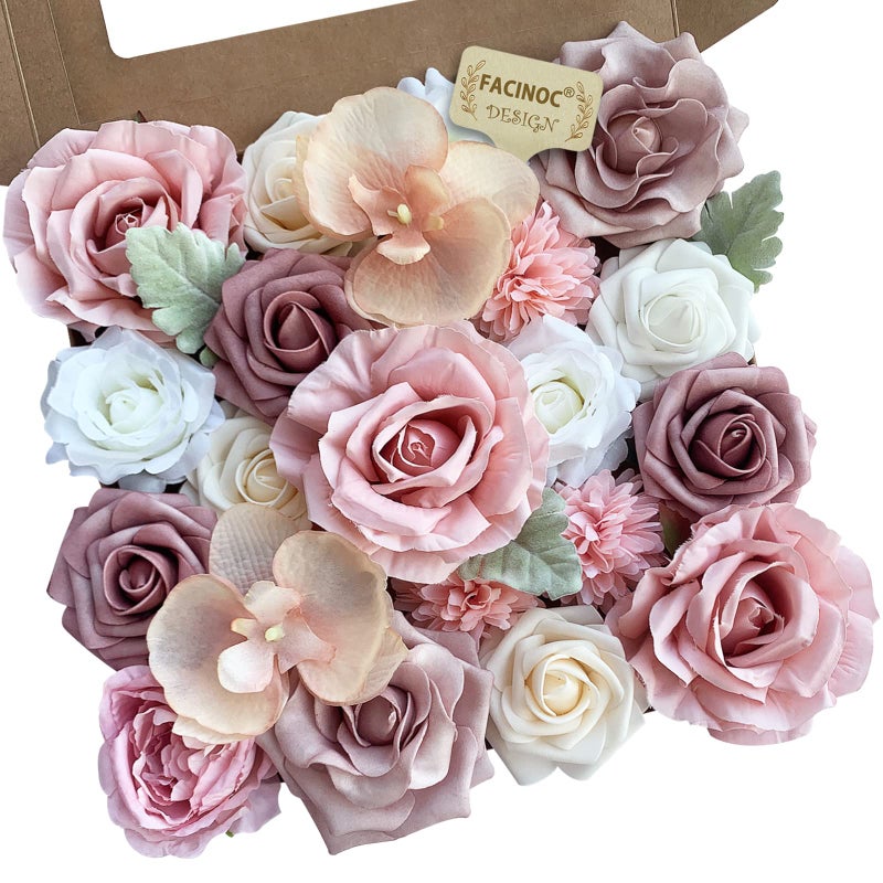 FACINOC Roses Artificial Flowers Pink Bouquet Combo Box Set Fake Flowers Bulk for DIY Bridal Wedding Shower Decorations Centerpieces for Table Fake Floral Arrangement for Party Home Decor Indoor - Image 1