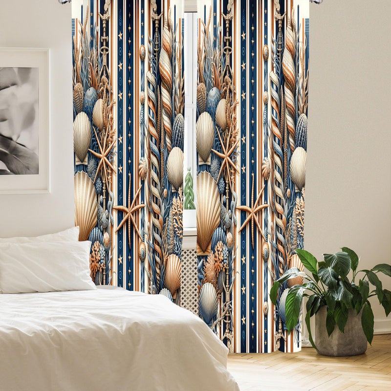 أمبيسون ستائر النافذة الساحلية Ambesonne تصميم الخليط تصميم النجوم الصوفية والشعاب المرجانية التفسير البحري للفنون الخفيفة الوزن ثنائية الأجزاء مع زوج جيب قضيب - 28 "× 95" "البحر الأزرق السلمون الشاحب - Image 4