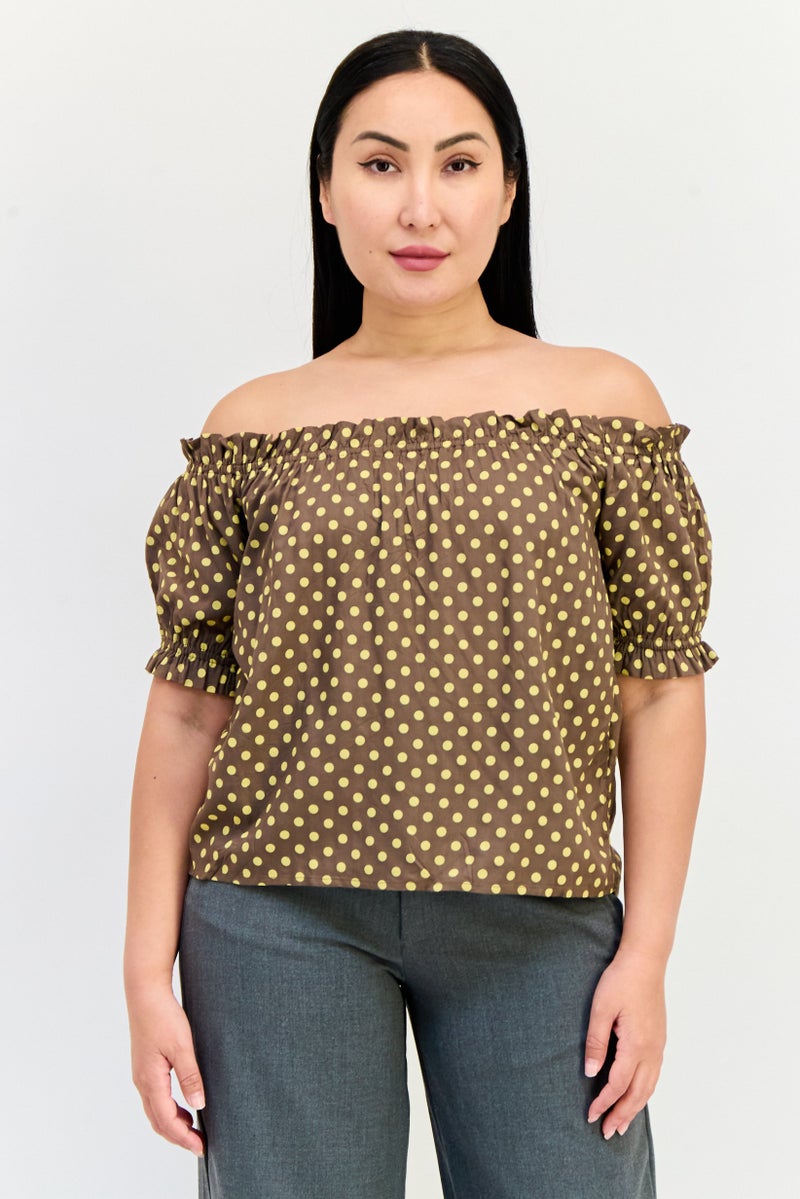 ONLY Women Off Shoulder Short Sleeves Polka Dots Top, Multicolor  - Image 1