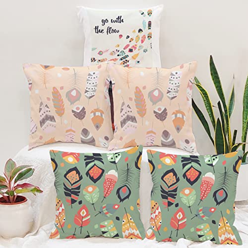 BRICK HOME Set of 5 Polycotton Printed Cushion Covers 12x12 Inches | Feather & Typography Design | Pastel Peach, Green & Multicolor | Soft Decorative Pillow Covers for Sofa, Couch & Living Room - Image 1