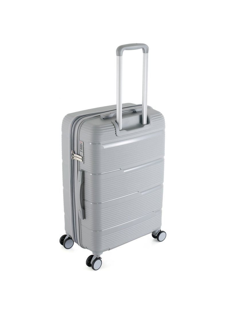 اتش تي حقيبة سفر H.T Checked Luggage - حقائب سفر متينة ذات غلاف صلب مزودة بعجلات دوارة ومقبض تلسكوبي وسحابات مضادة للسرقة (100 لتر، حقيبة سفر خفيفة الوزن) (رمادي فضي، مقاس متوسط ​​28 بوصة) - Image 3