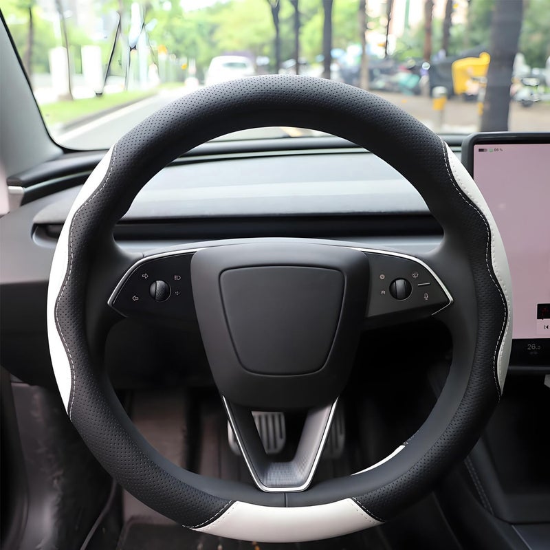 SZYUCHEN Steering Wheel Cover Custom Fit for Tesla Model 3Y Juniper Highland 20162025 2026 Accessories Fashionable Microfiber Leather Steering Wheel Protector for Tesla Model 3Y Black White