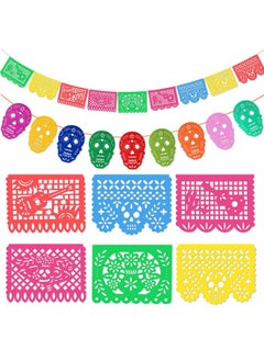 HOWAF 2 Pcs Plastic Papel Picado Mexican Fiesta Banners Day Of The Dead Skull Bunting Banner Halloween Dia De Los Muertos Mexicano Banners For Cinco De Mayo Decorations Mexican Party Supplies  - Image 2